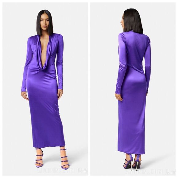 NWT Versace Runway 2023 Cowl Neck Draped Satin Maxi Dress Gown IT 38/US 2 - Picture 4 of 16